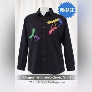 Vintage Dragonfly Embroidered Button Up Shirt Artsy Y2K Black L